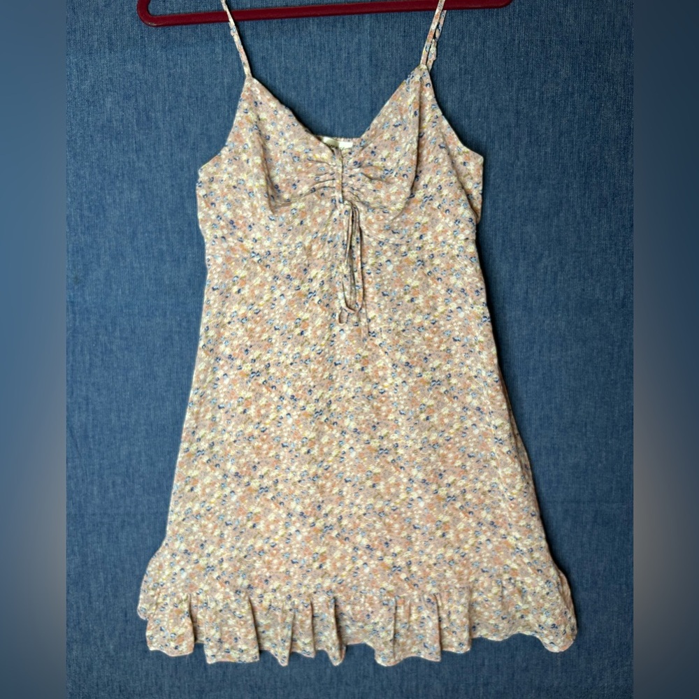 french kyss Peach Floral Tie-Front Ruffle Hem Dress